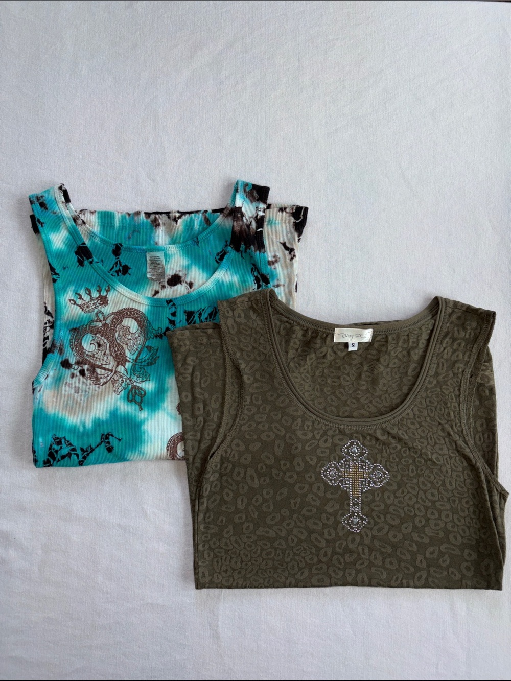 Olive Studded Cross Tank + Teal Tie-Dye Graphic Tank - 2 Pack